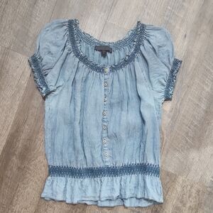 Nine West Light Blue Smocked Blouse